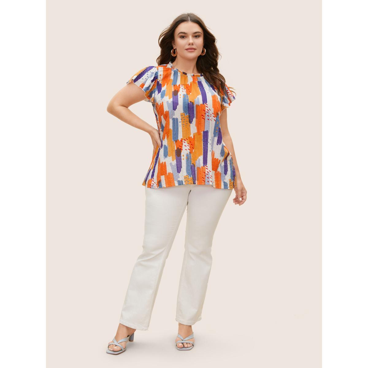 Plus Size Multicolor Brush Print Split Side Cap Sleeve Blouse Women Elegant Cap Sleeve Stand-up collar Everyday Blouses BloomChic 28/5X Product Image