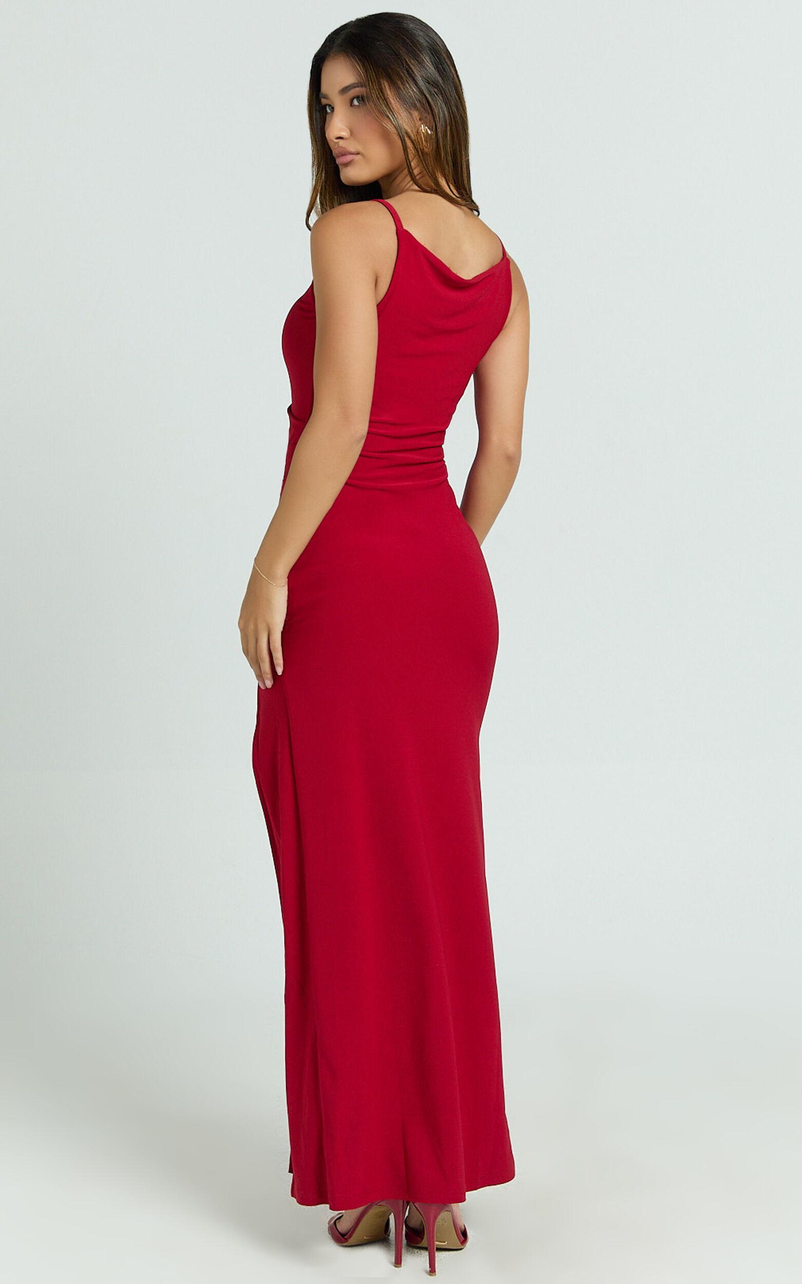 Audette Maxi Dress - Boat Neck Ruched Fitted Dress in Red Product Image