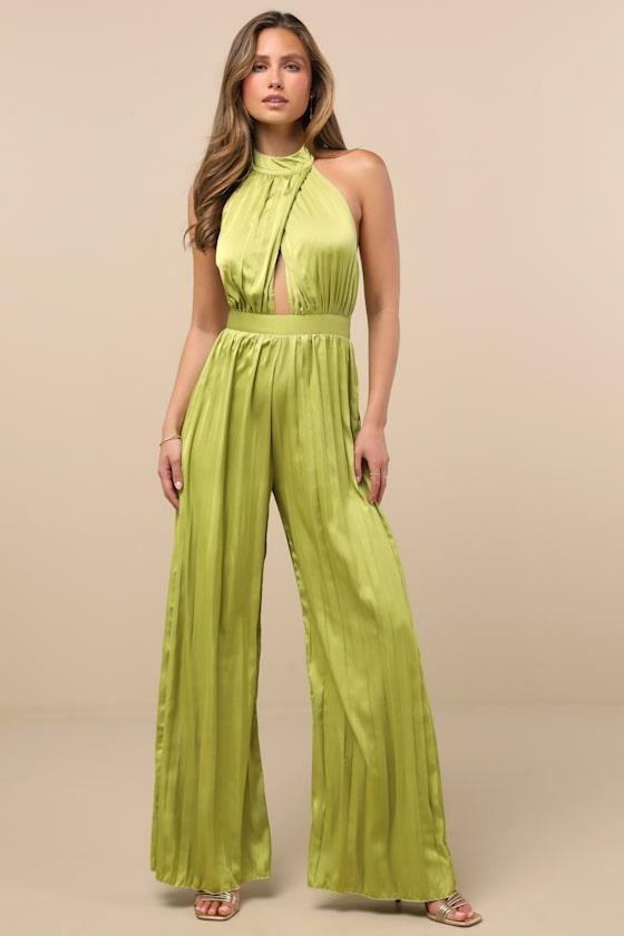 Confident Impression Lime Green Satin Pleated Halter Jumpsuit Product Image