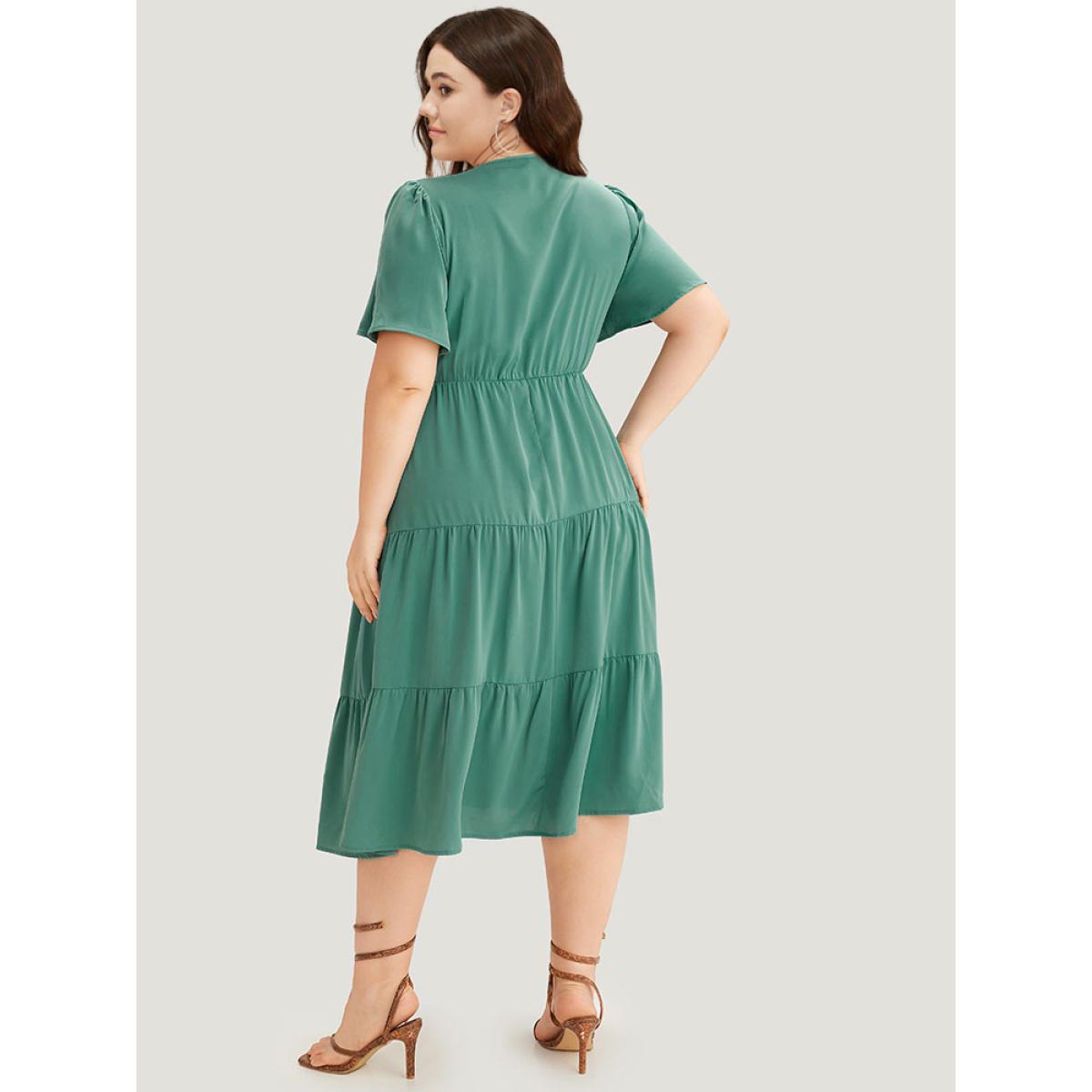 Plus Size Solid Shirred Pocket Layered Hem Dress Emerald Women Elegant Plain Round Neck Short sleeve Curvy Midi Dress BloomChic 12/L Product Image