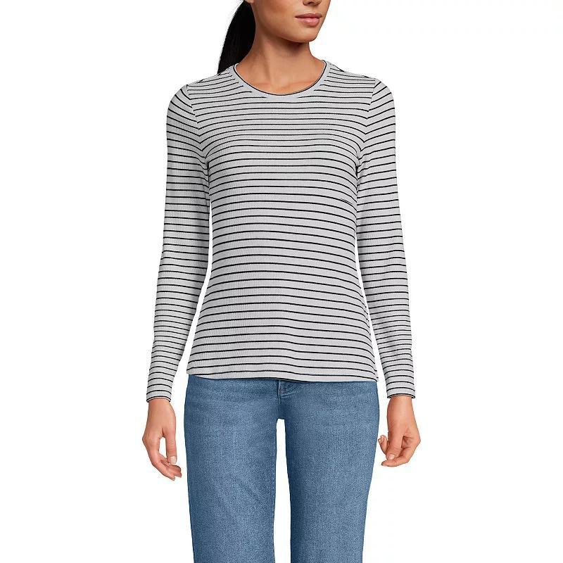 Women's Lands' End Long Sleeve Baby Waffle Crew T-shirt, Size: XL, Ivory Black Stripe Product Image