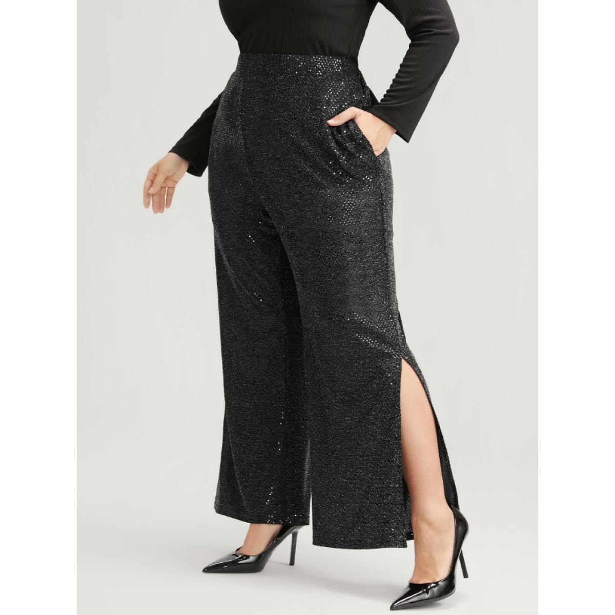 Plus Size Sequin Elastic Waist Pocket Split Hem Pants Women Black Office High Rise Work Pants BloomChic 14-16/1X Product Image