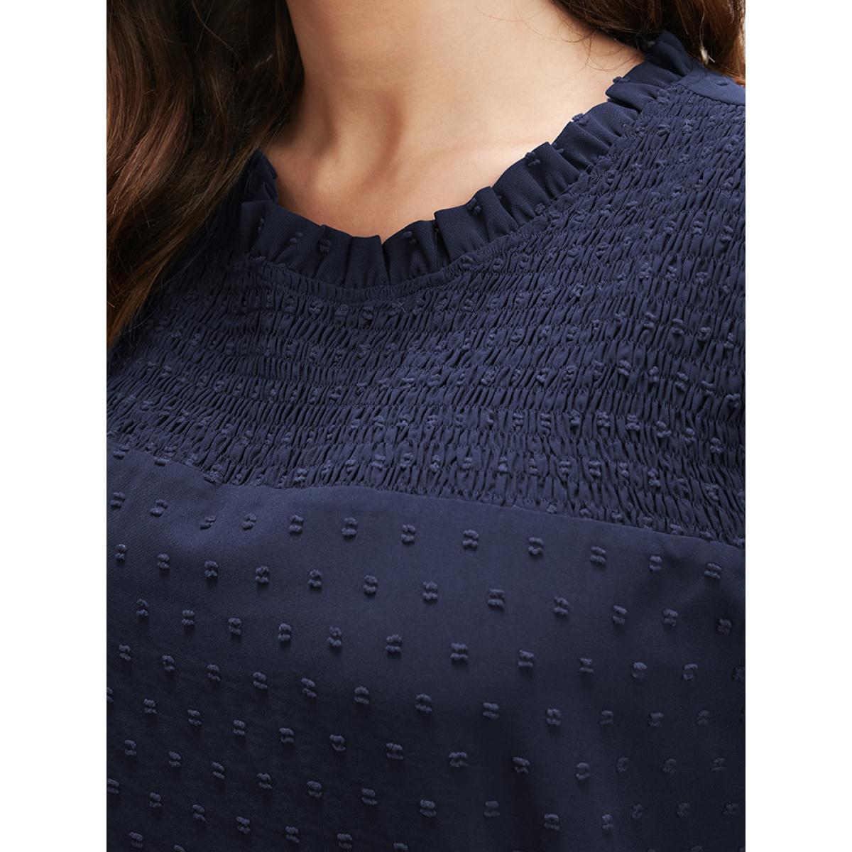 Plus Size Navy Polka Dot Frill Trim Shirred Keyhole Blouse Women Elegant Long Sleeve Round Neck Dailywear Blouses BloomChic 30/6X Product Image