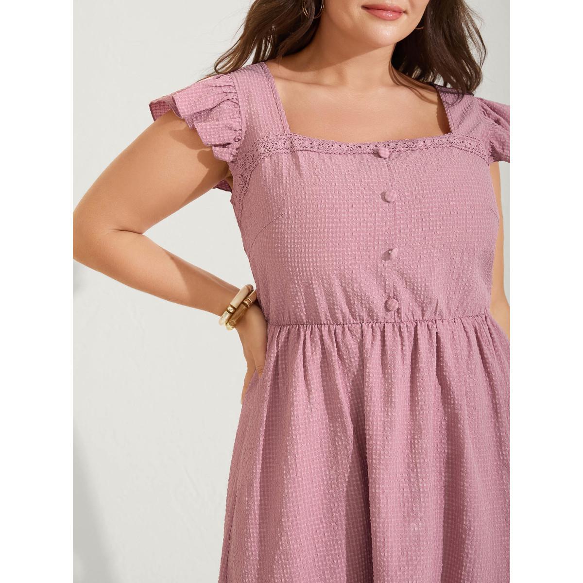 Plus Size Lace Trim Button Detail Tiered Midi Dress Beanpastepowder Women Square Neck Cap Sleeve Curvy BloomChic 22-24/3X Product Image