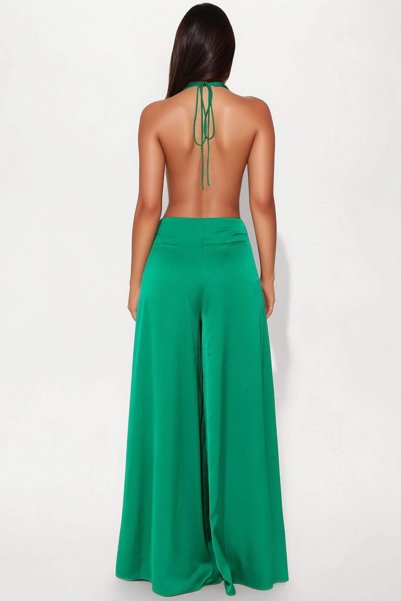 Sun and Sips Solid Satin Jumpsuit - Green Product Image