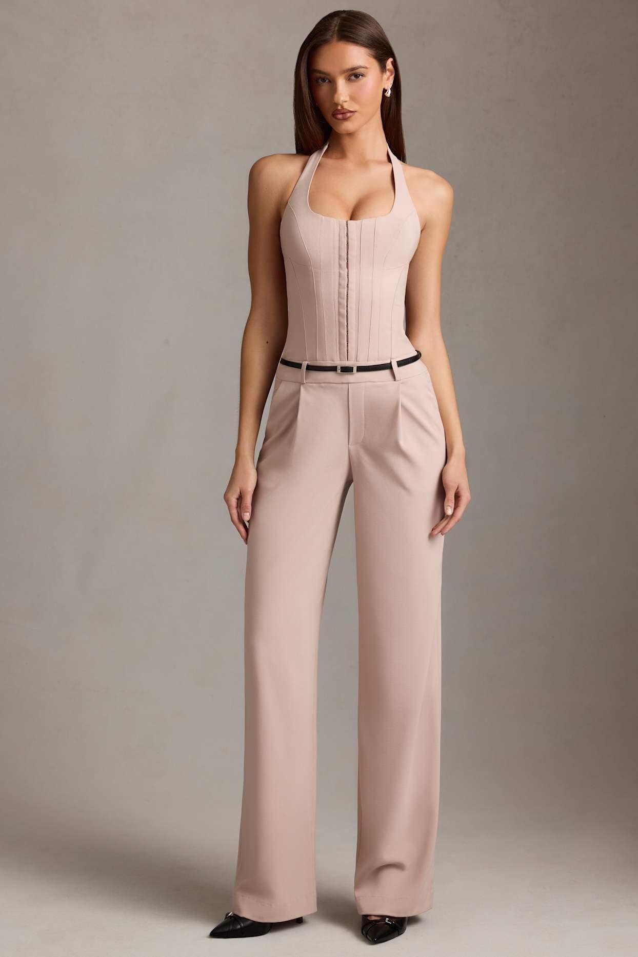 Corset-Detail Halterneck Jumpsuit in Mushroom Product Image