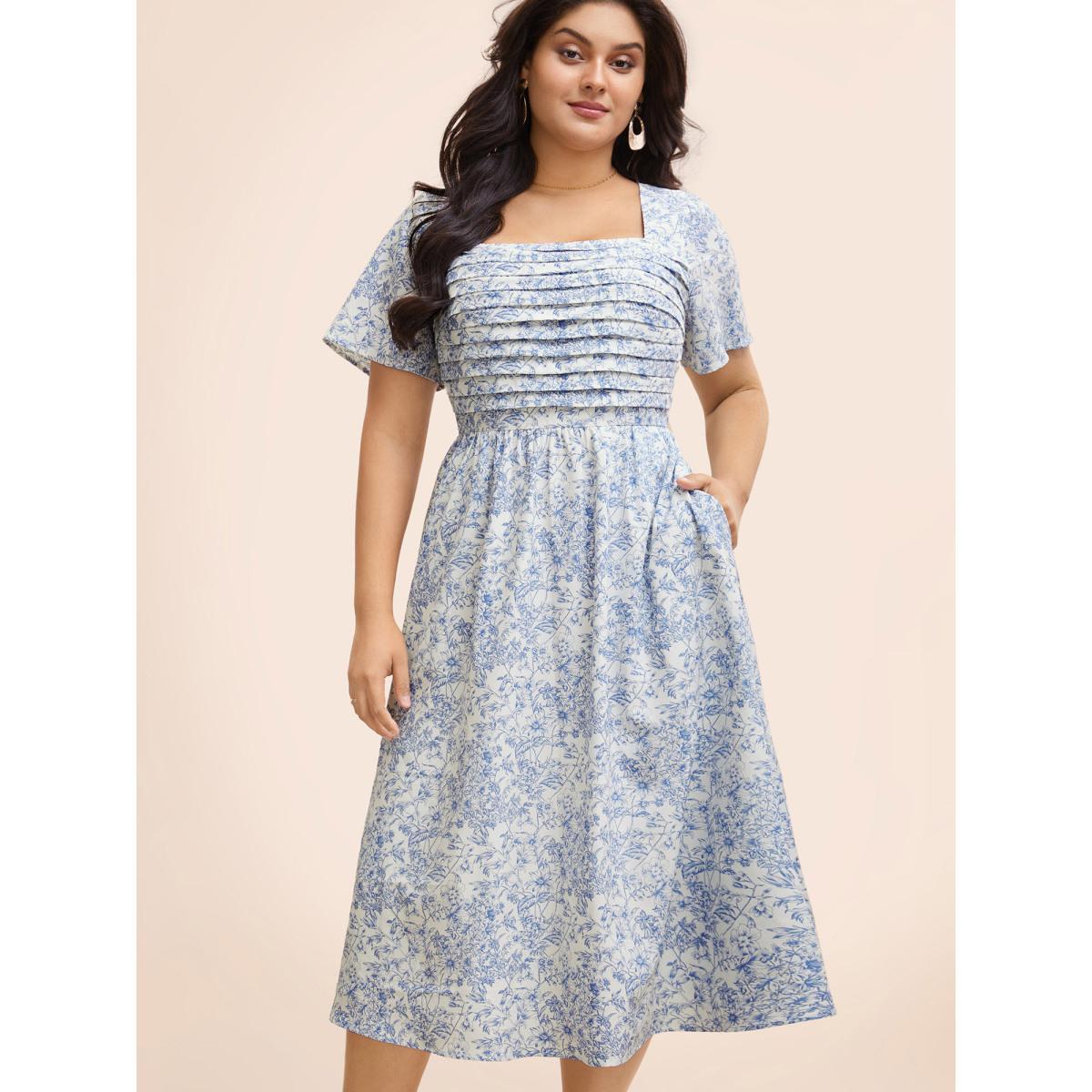 Plus Size Square Neck Floral Tucked Seam Dress Skyblue Women Elegant Tucked seam Square Neck Short sleeve Curvy BloomChic 26/4X Product Image