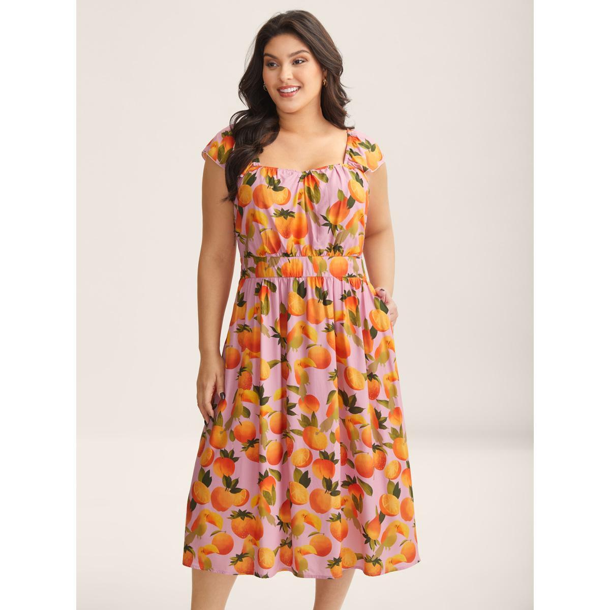 Plus Size Citrus Print Pleated Sweetheart Midi Dress Brightorange Women Heart neckline Cap Sleeve Curvy BloomChic 14-16/1X Product Image