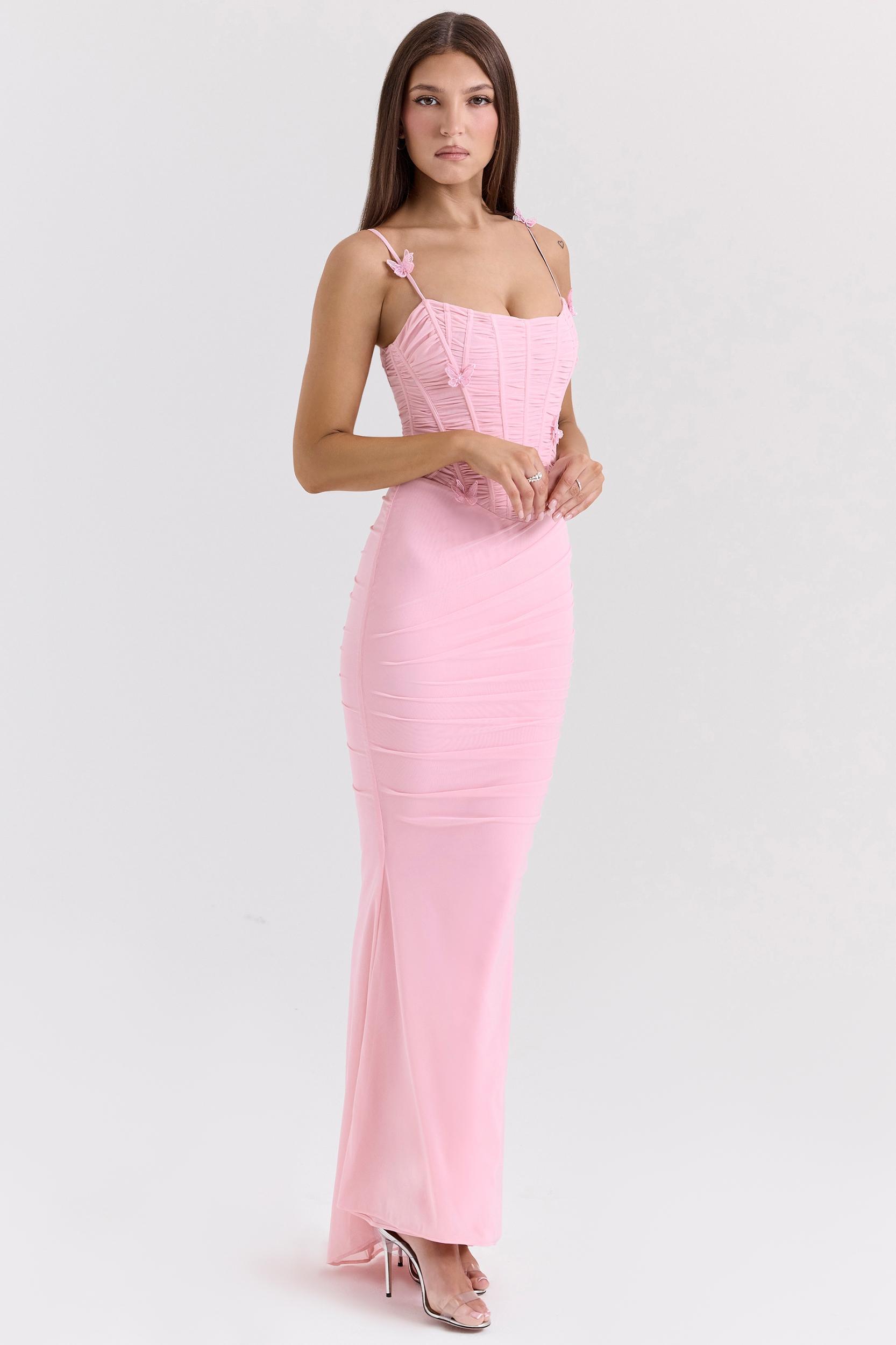 Romola  pink stretch mesh butterfly maxi dress Product Image
