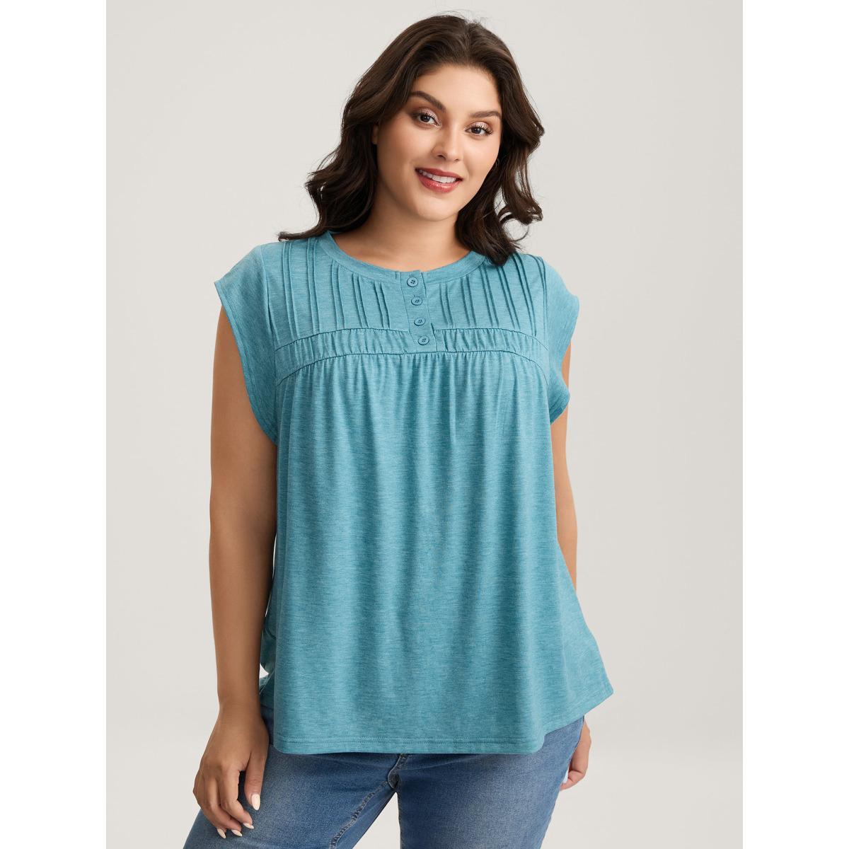 Plus Size Heather Pleated Buttons Placket Solid T-Shirt Cerulean Women Tucked seam Round Neck Everyday-Casual T-shirts BloomChic 14-16/1X Product Image