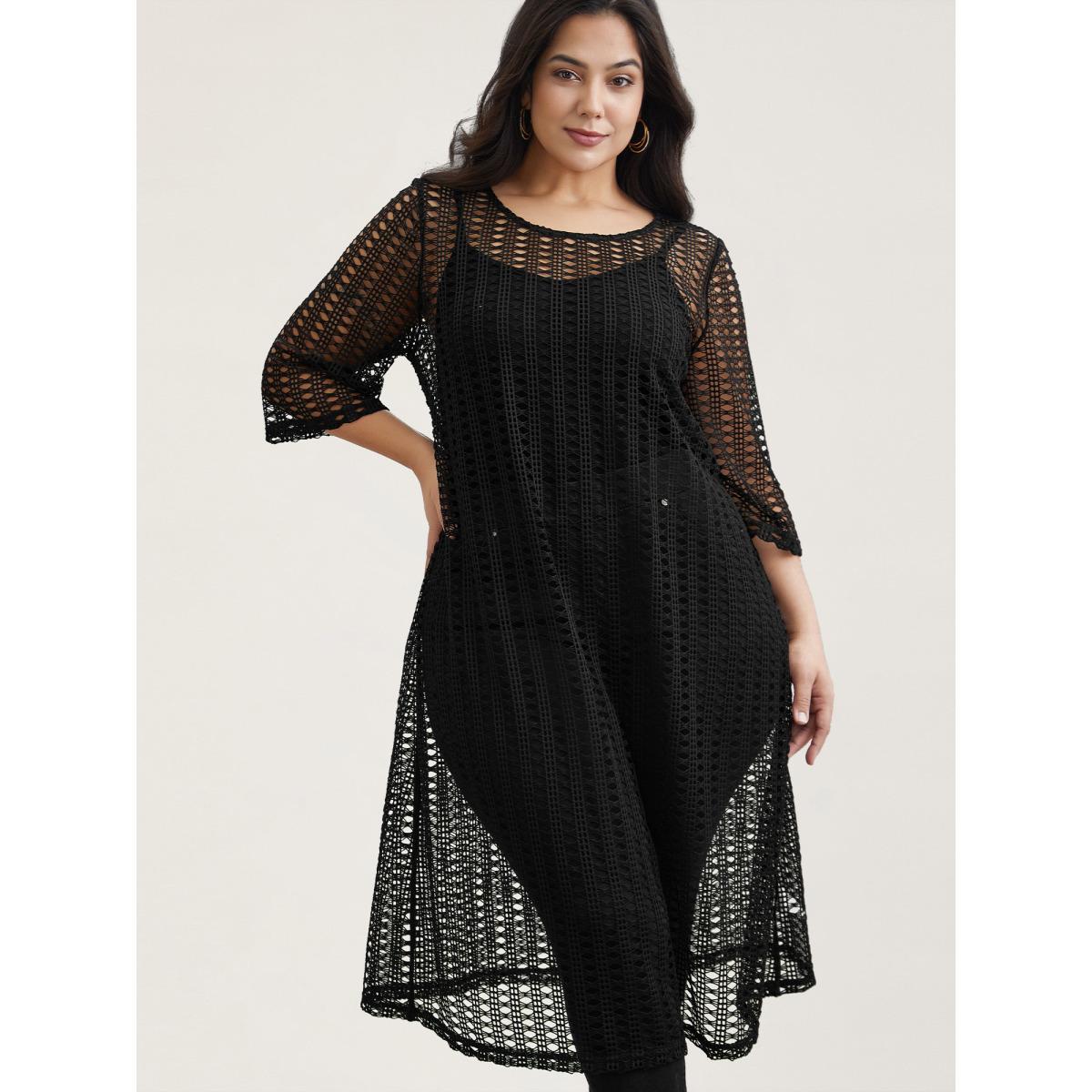 Plus Size Textured Sheer Round Neck Midi Dress Black Women Casual Cut-Out Knit Dresses Bloomchic 26/4X Product Image