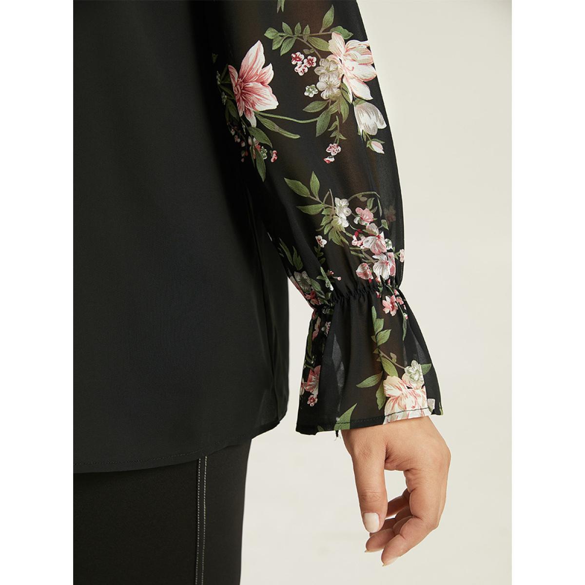 Plus Size Black Twill Floral Patchwork Shirred Mesh Frill Trim Blouse Women Elegant Long Sleeve Stand-up collar Dailywear Blouses BloomChic 22-24/3X Product Image