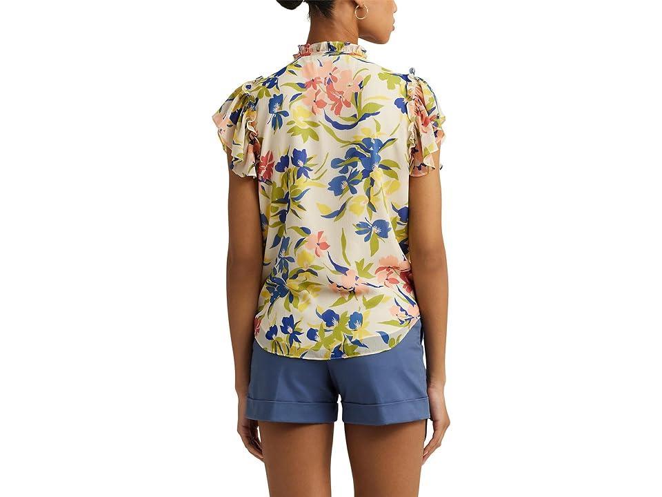 Lauren Ralph Lauren Floral Ruffle-Trim Georgette Blouse (Cream Multi) Women's Clothing Product Image