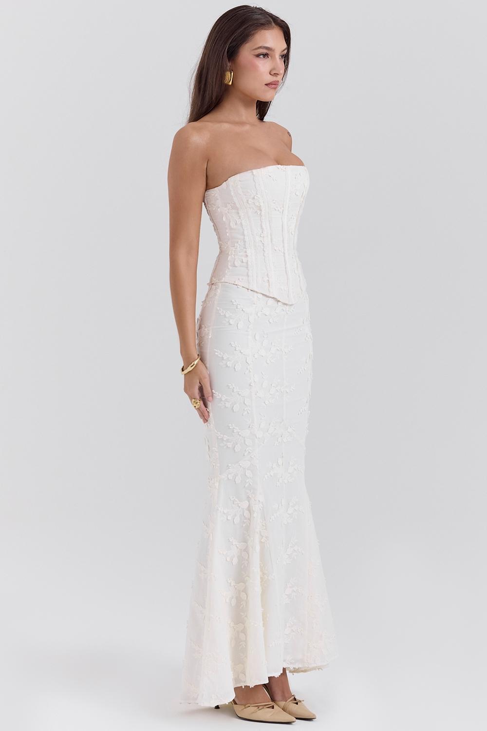 Veronica  vintage ivory embroidered godet maxi skirt Product Image