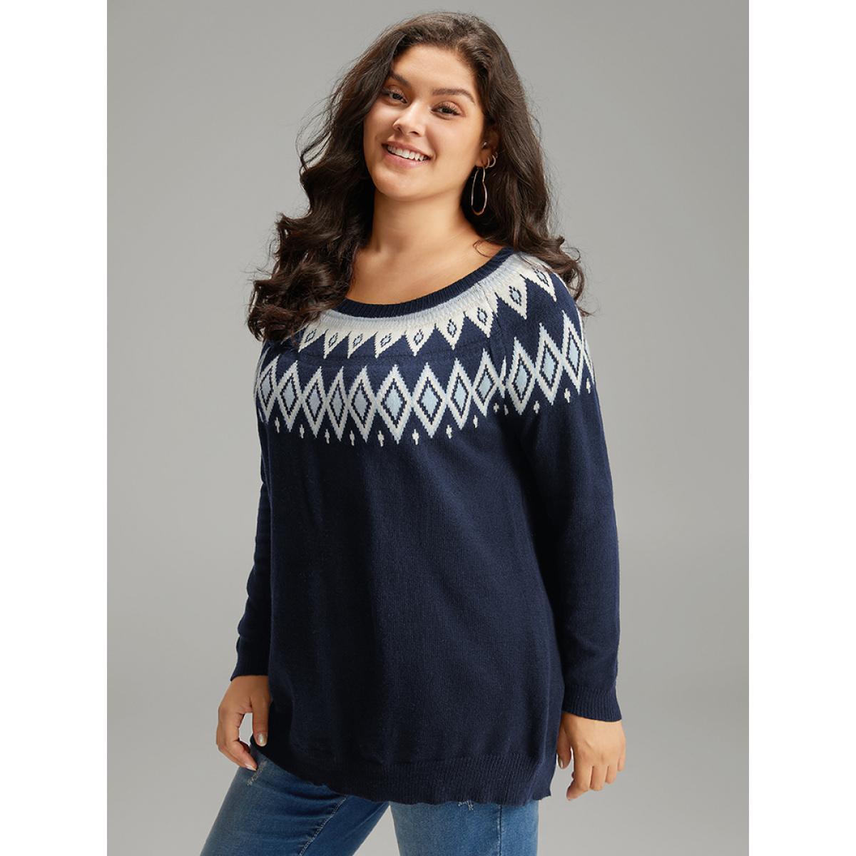 Plus Size Supersoft Essentials Geo Contrast Raglan Sleeve Pullover Indigo Women Casual Loose Long Sleeve Round Neck Dailywear Pullovers BloomChic 18-20/2X Product Image