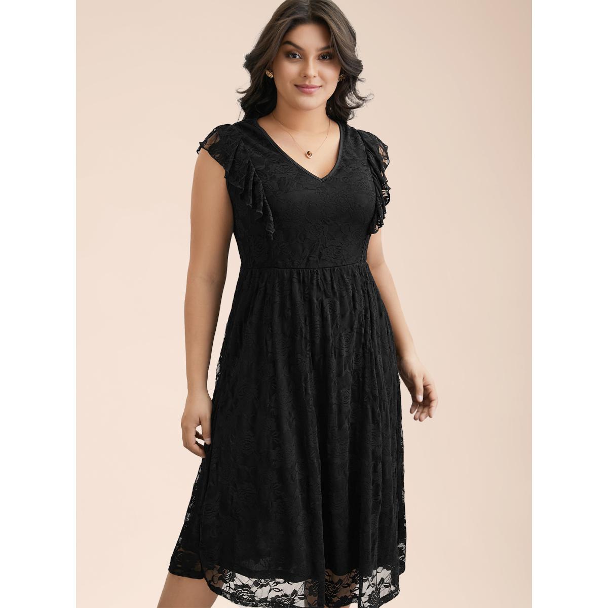 Plus Size Lace Ruffled Sleeve Waist-Cinched Midi Dress Black Women Elegant Texture Knit Dresses Bloomchic 26/4X Product Image