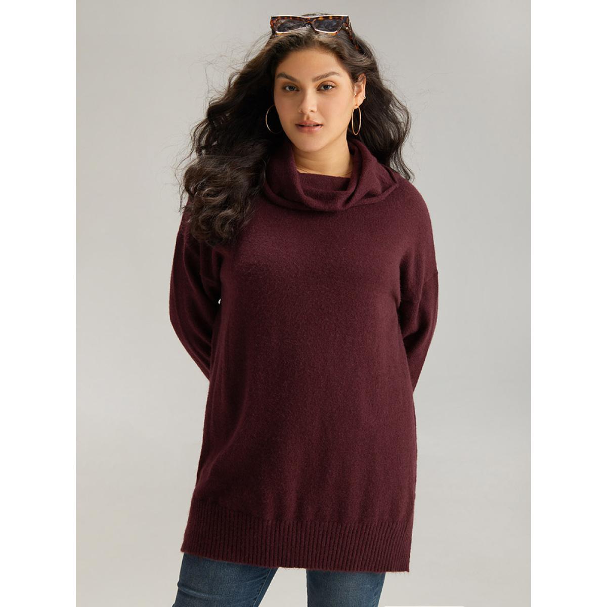 Plus Size Anti-Pilling Split Side Turtle Neck Pullover Burgundy Women Casual Loose Long Sleeve Lapel Collar Everyday Pullovers BloomChic 30/6X Product Image