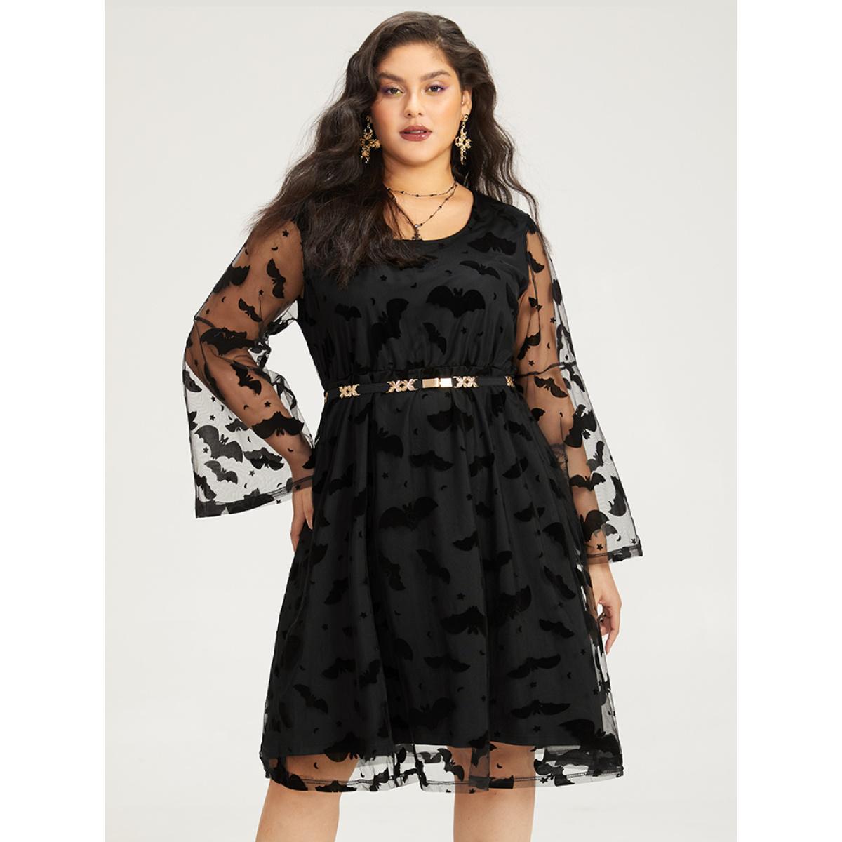 Plus Size Halloween Bat Print Mesh Long Sleeve Dress Black Women Elegant See through Round Neck Long Sleeve Curvy Midi Dress BloomChic 12/L Product Image