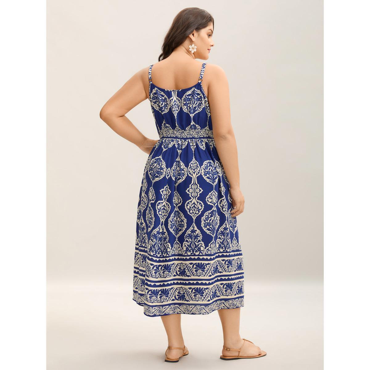 Plus Size Boho Print Shirred Pockets Midi Dress DarkBlue Women V-neck Sleeveless Curvy BloomChic 30/6X Product Image