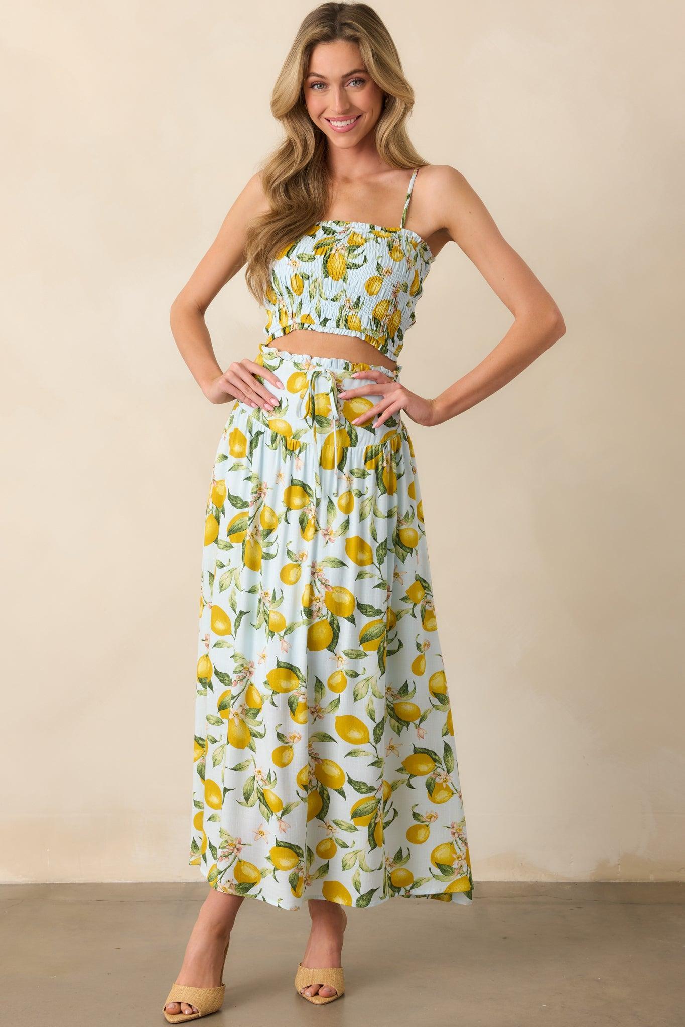 In My Flow Light Blue Lemon Print Drop Waist Maxi Skirt Product Image