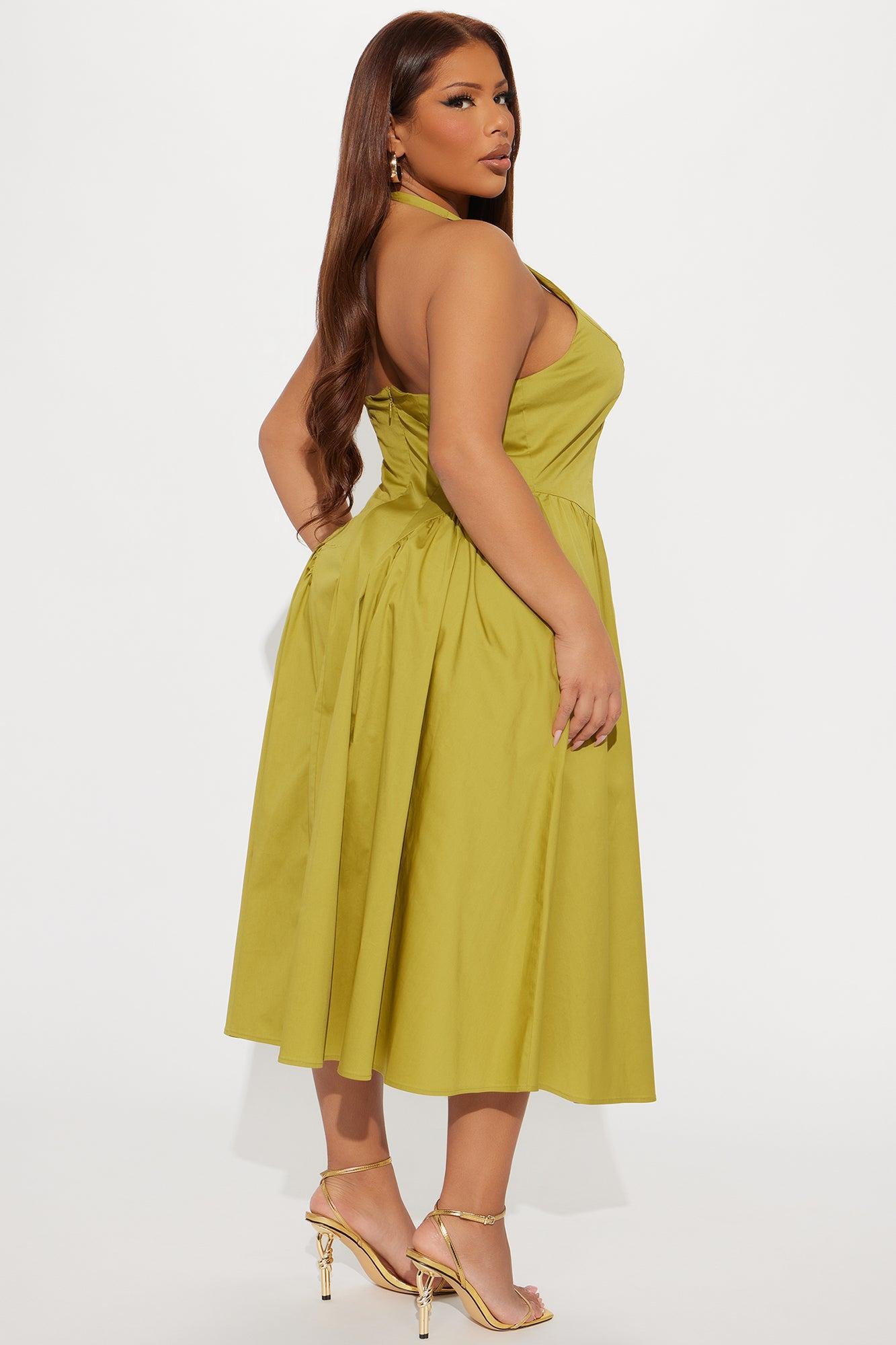 Mara Corset Halter Midi Dress - Chartreuse Product Image