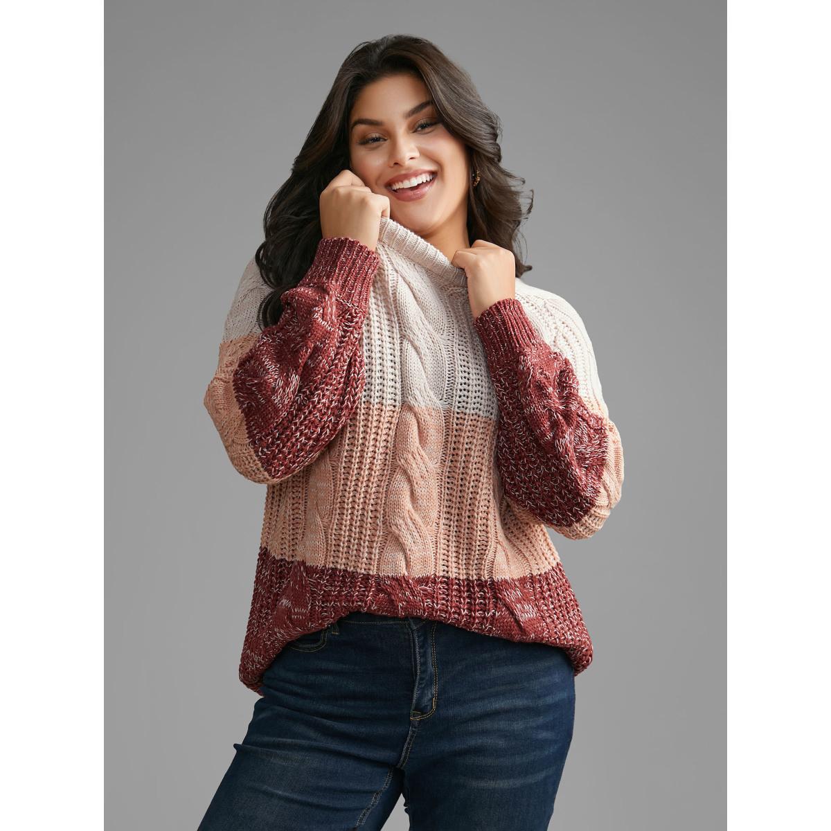 Plus Size Contrast Textured Cable Knit Pullover Rust Women Casual Loose Long Sleeve Round Neck Everyday Pullovers BloomChic 12/L Product Image