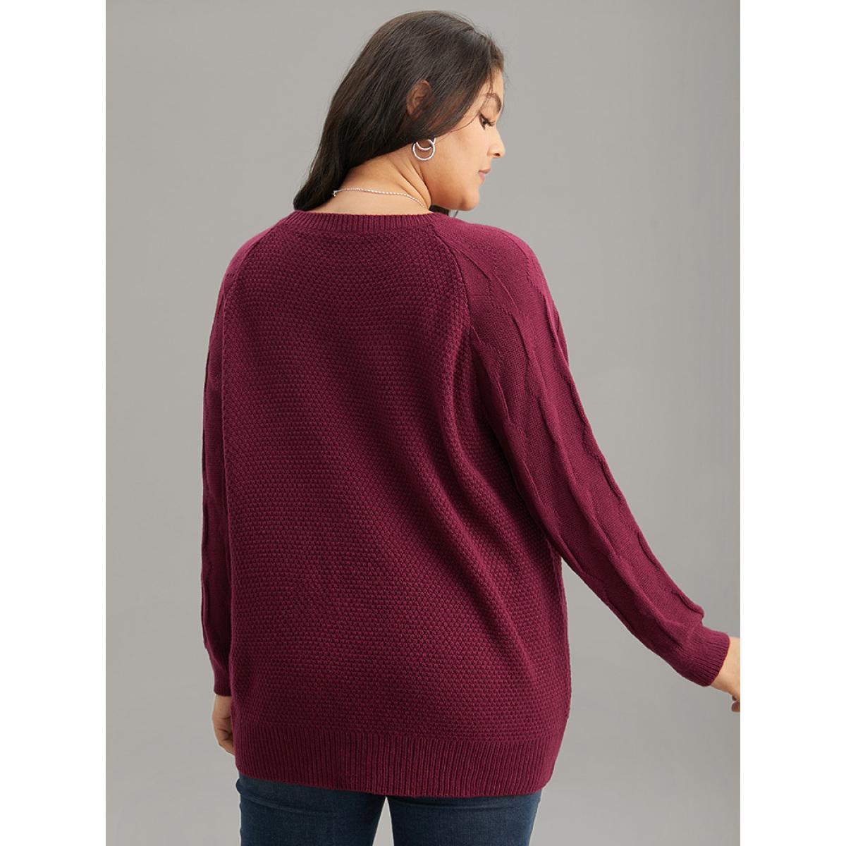 Plus Size Plain Texture Knit Raglan Sleeve Pullover Burgundy Women Casual Loose Long Sleeve Round Neck Dailywear Pullovers BloomChic 12/L Product Image