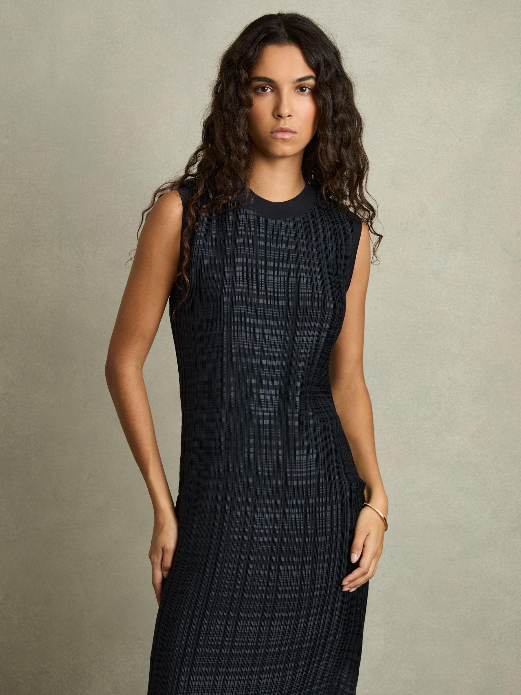 Pleated Column Midi Dress in Navy Product Image