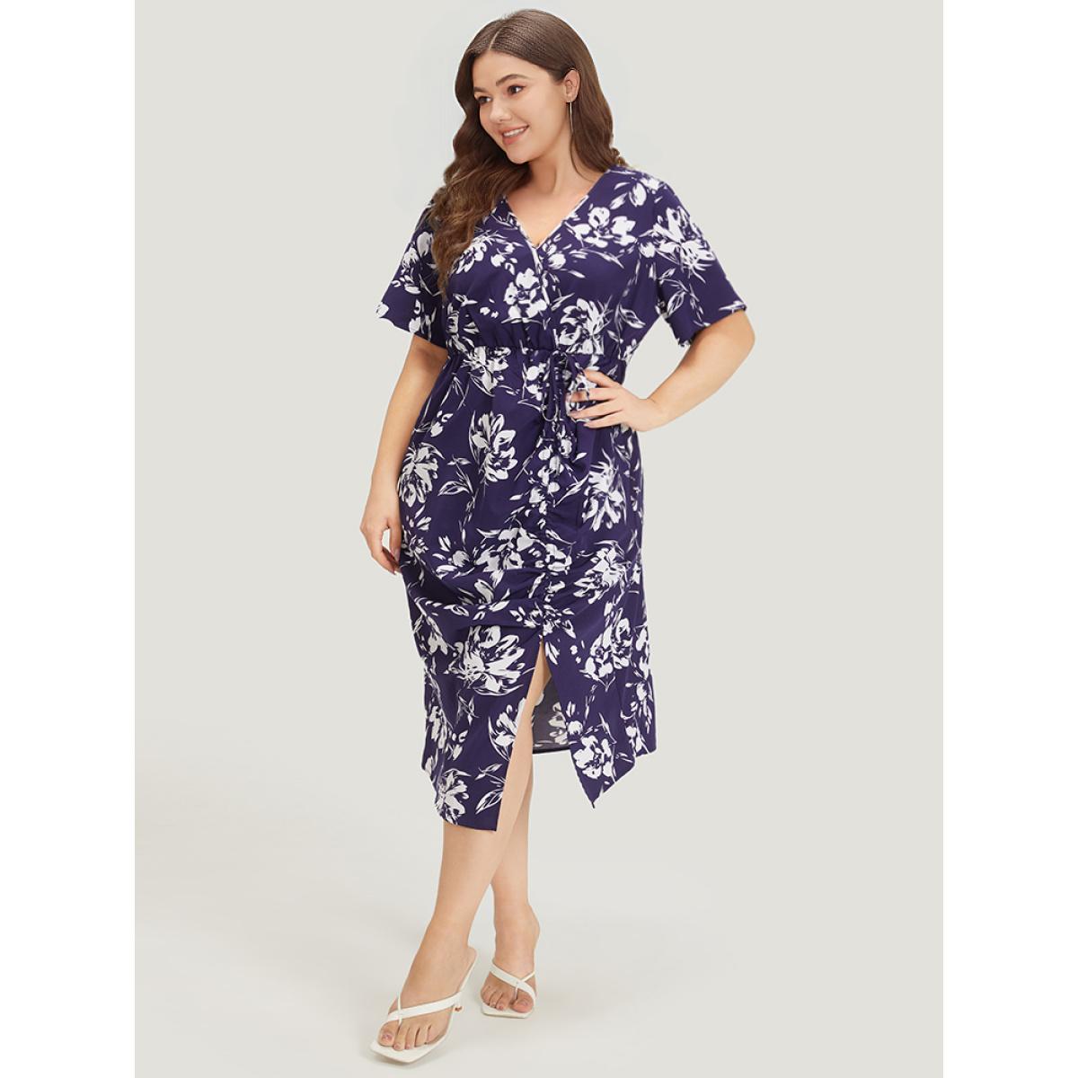 Plus Size Silhouette Floral Print Wrap Drawstring Split Hem Dress DarkBlue Women Elegant Elastic Waist V-neck Short sleeve Curvy Midi Dress BloomChic 12/L Product Image