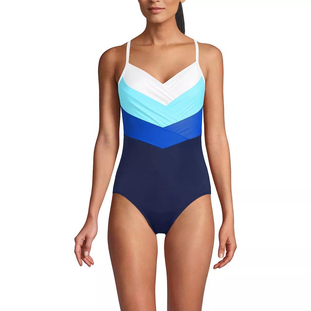 Women's Lands' End Slendertex V-Neck Pleated Crossback One-Piece Swimsuit, Size: 16, Navy Blue White Product Image