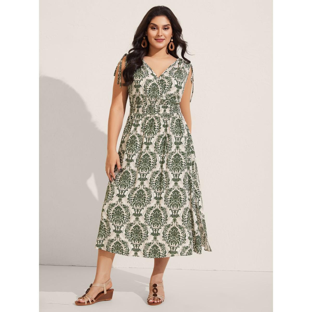 Plus Size Damask Print Surplice Sleeveless Midi Dress Truegreen Women Overlap Collar Sleeveless Curvy BloomChic 18-20/2X Product Image