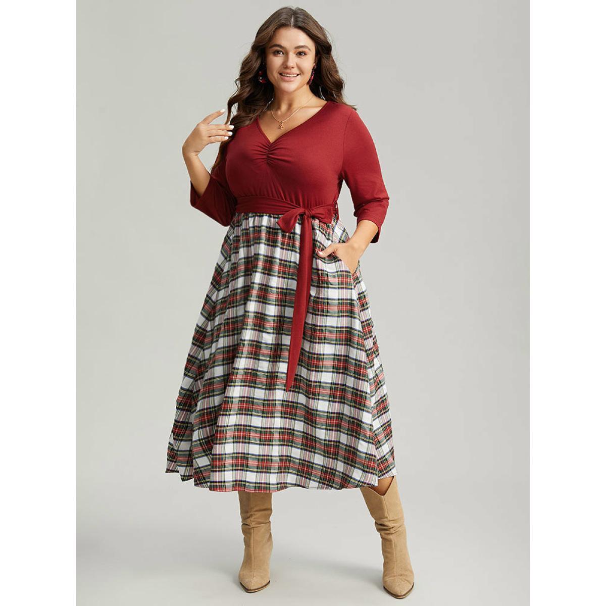 Plus Size Christmas Plaid Patchwork Ruched Belted Dress Red Women Work From Home Gathered V-neck Elbow-length sleeve Curvy Midi Dress BloomChic 30/6X Product Image