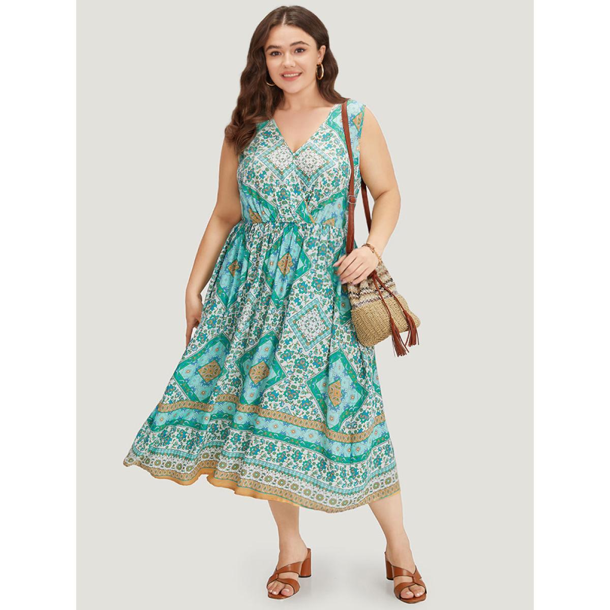Plus Size Bandana Print Overlap Collar Pocket Tank Dress Mint Women Vacation Gathered V-neck Sleeveless Curvy Midi Dress BloomChic 14-16/1X Product Image