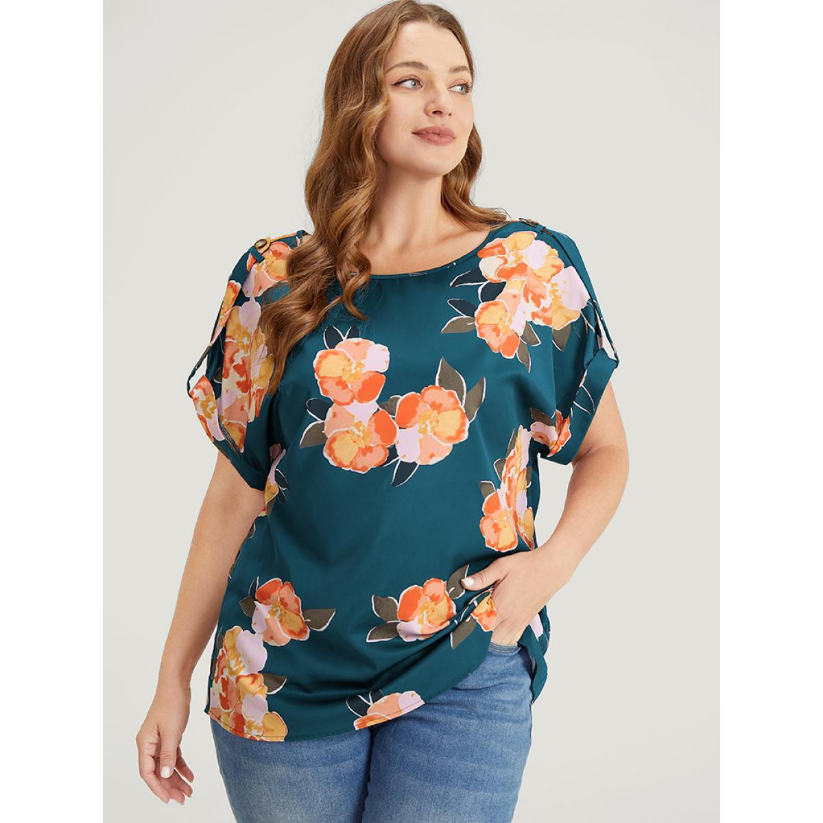 Plus Size Cyan Floral Printed Roll Tab Sleeve Blouse Women Elegant Short sleeve Round Neck Dailywear Blouses BloomChic 26/4X Product Image