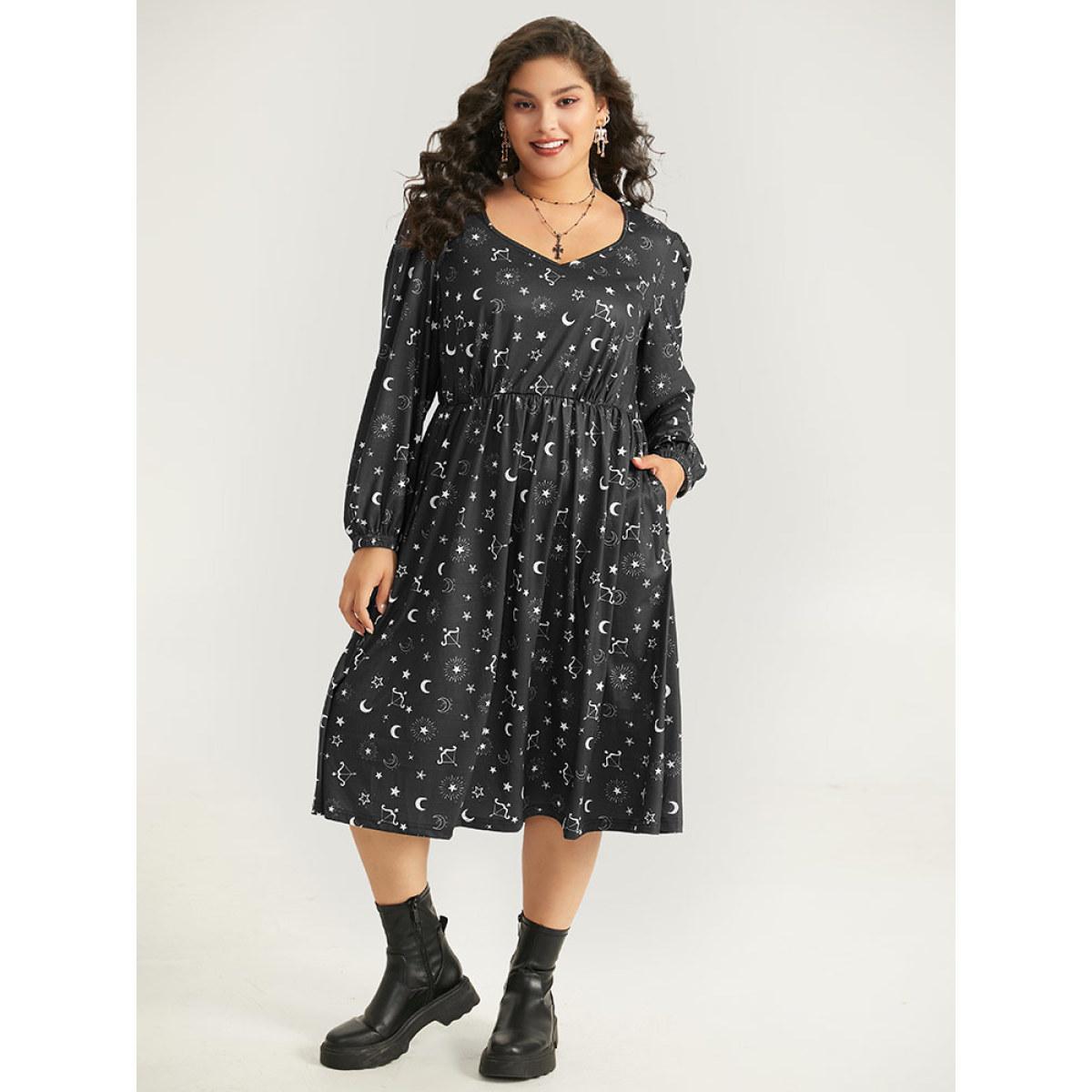 Plus Size Halloween Moon & Star Print Elastic Waist Lantern Sleeve Dress Black Women Casual Elastic cuffs Square Neck Long Sleeve Curvy Midi Dress BloomChic 18-20/2X Product Image