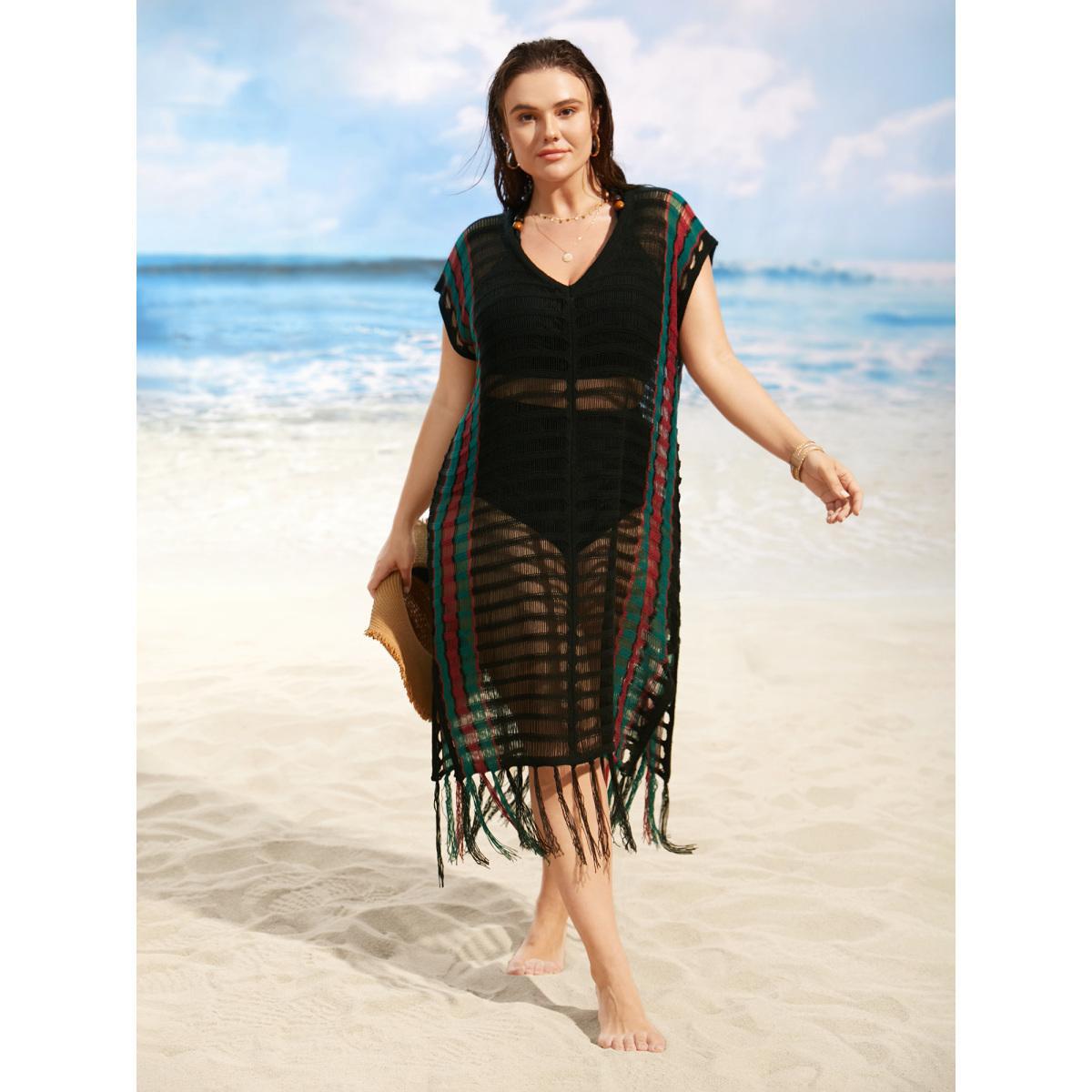 Plus Size Contrast Striped Tassel Trim Split Side Swim Cover Up Women's Swimwear Black Beach Loose Crochet Curve Swim Cover Ups BloomChic 30/6X Product Image