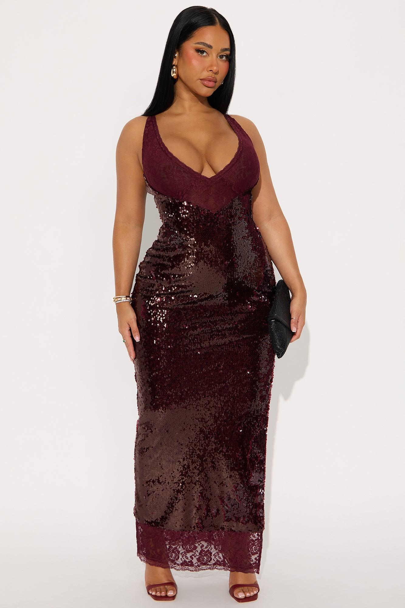 Brittany Lace Sequin Maxi Dress - Burgundy Product Image