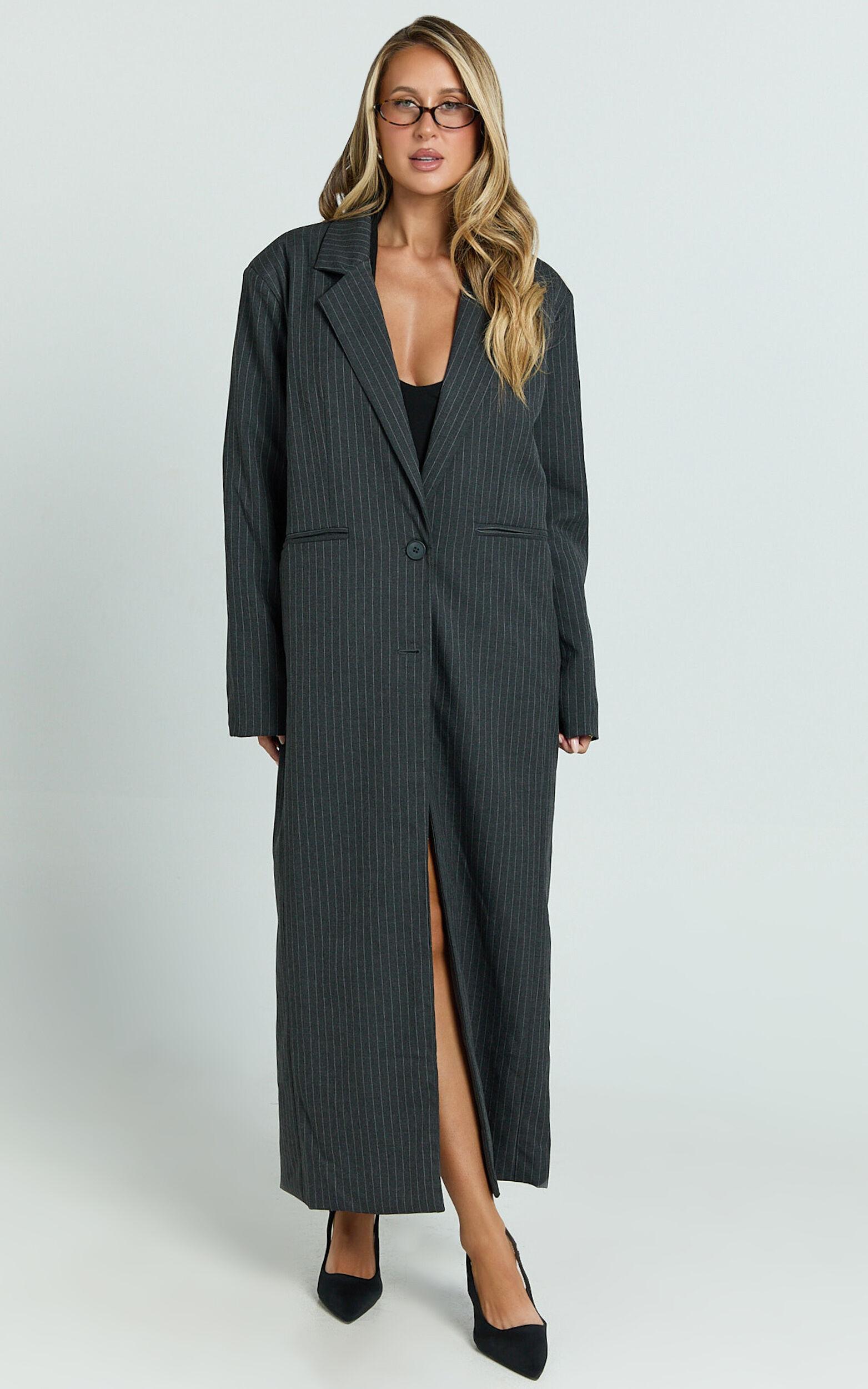 Camille Coat - Pinstripe Single Breasted Longline Coat in Charcoal Product Image