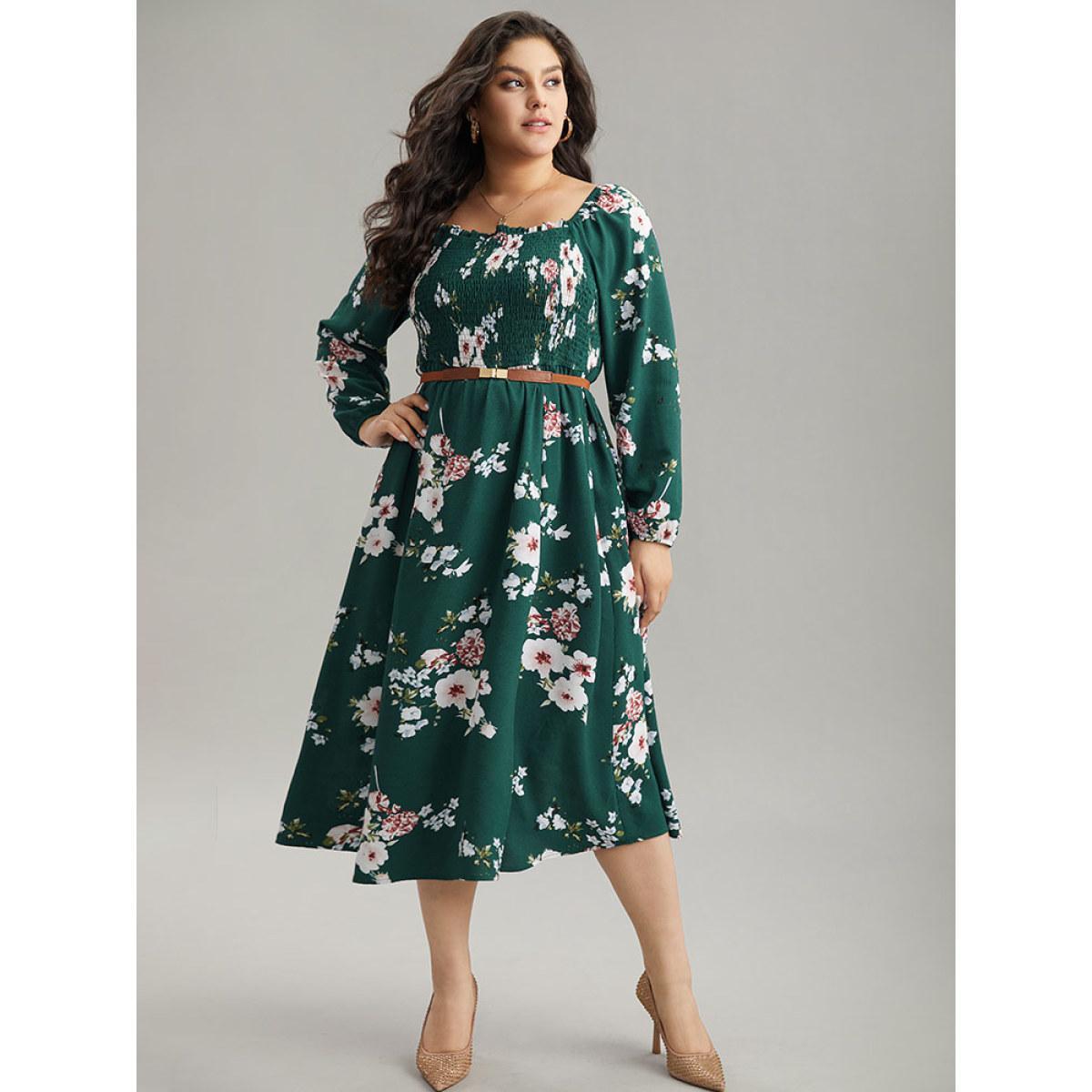 Plus Size Floral Print Split Hem Pocket Shirred Dress DarkGreen Women Elegant Elastic cuffs Square Neck Long Sleeve Curvy Midi Dress BloomChic 18-20/2X Product Image