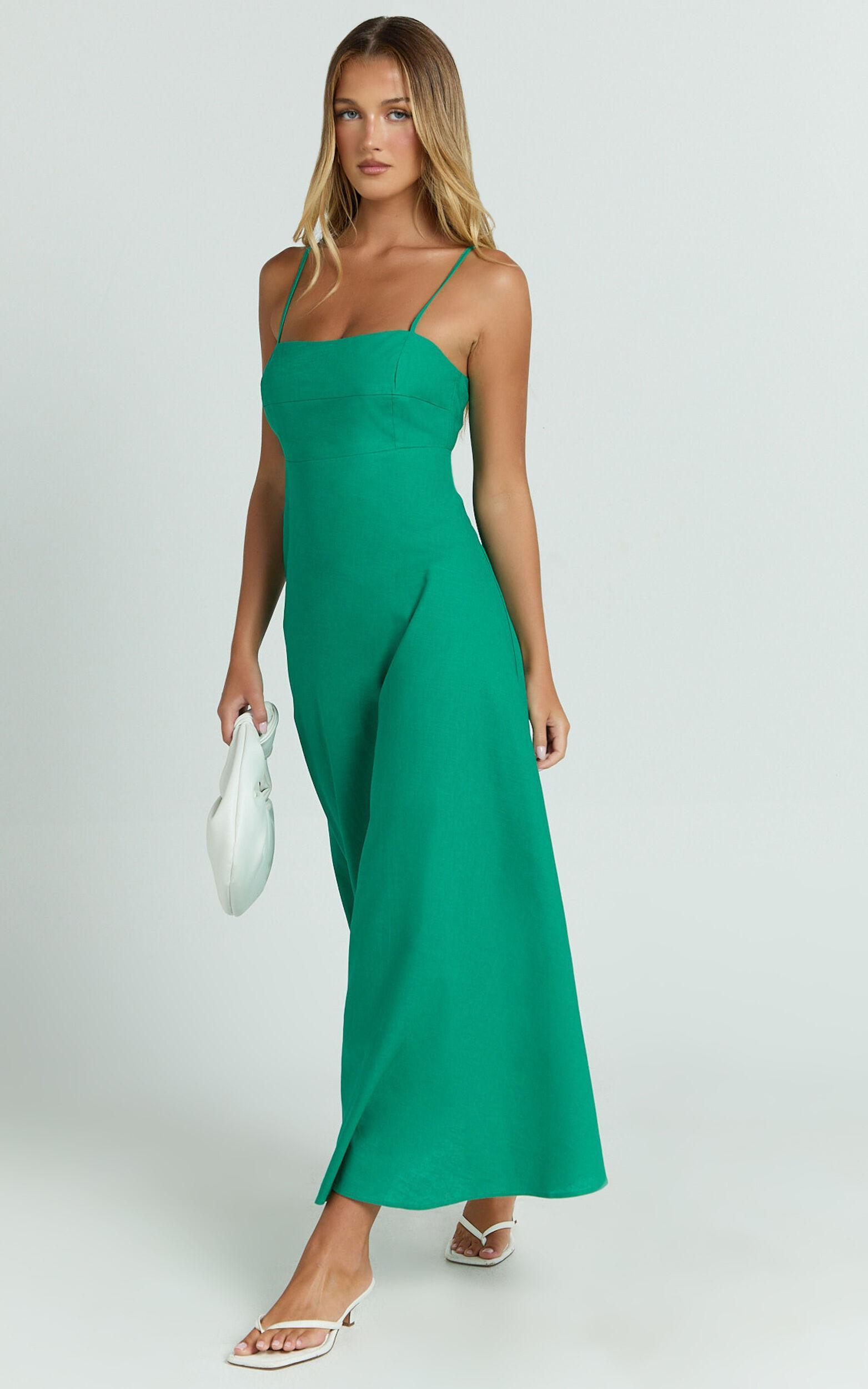 Brette Midi Dress - Linen Straight Neck Strappy Fit And Flare Dress in Olive Product Image