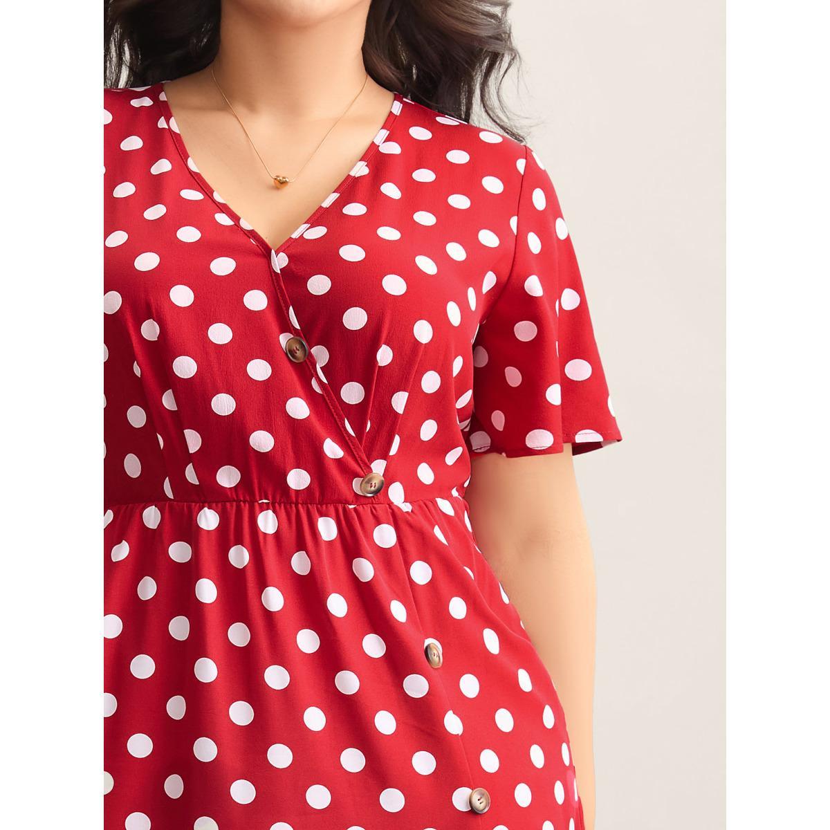 Plus Size Polka Dots Surplice Button Detail Midi Dress Burgundy Women Overlap Collar Short sleeve Curvy BloomChic 28/5X Product Image