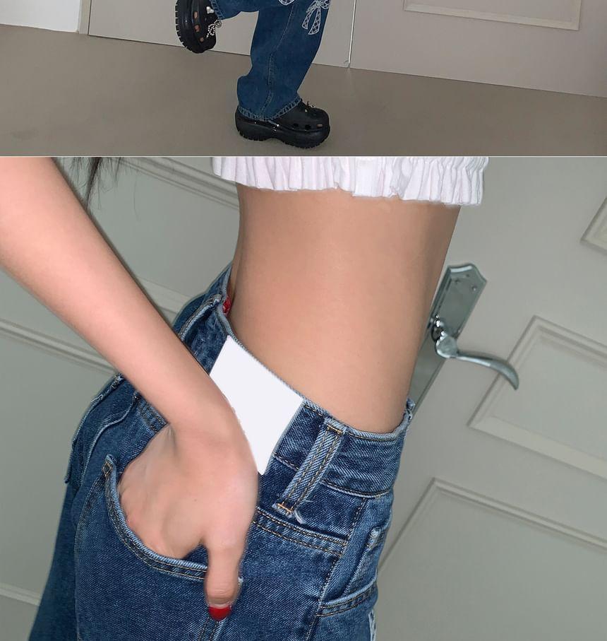 Mid Waist Bow Embroidered Washed Loose Fit Jeans Product Image