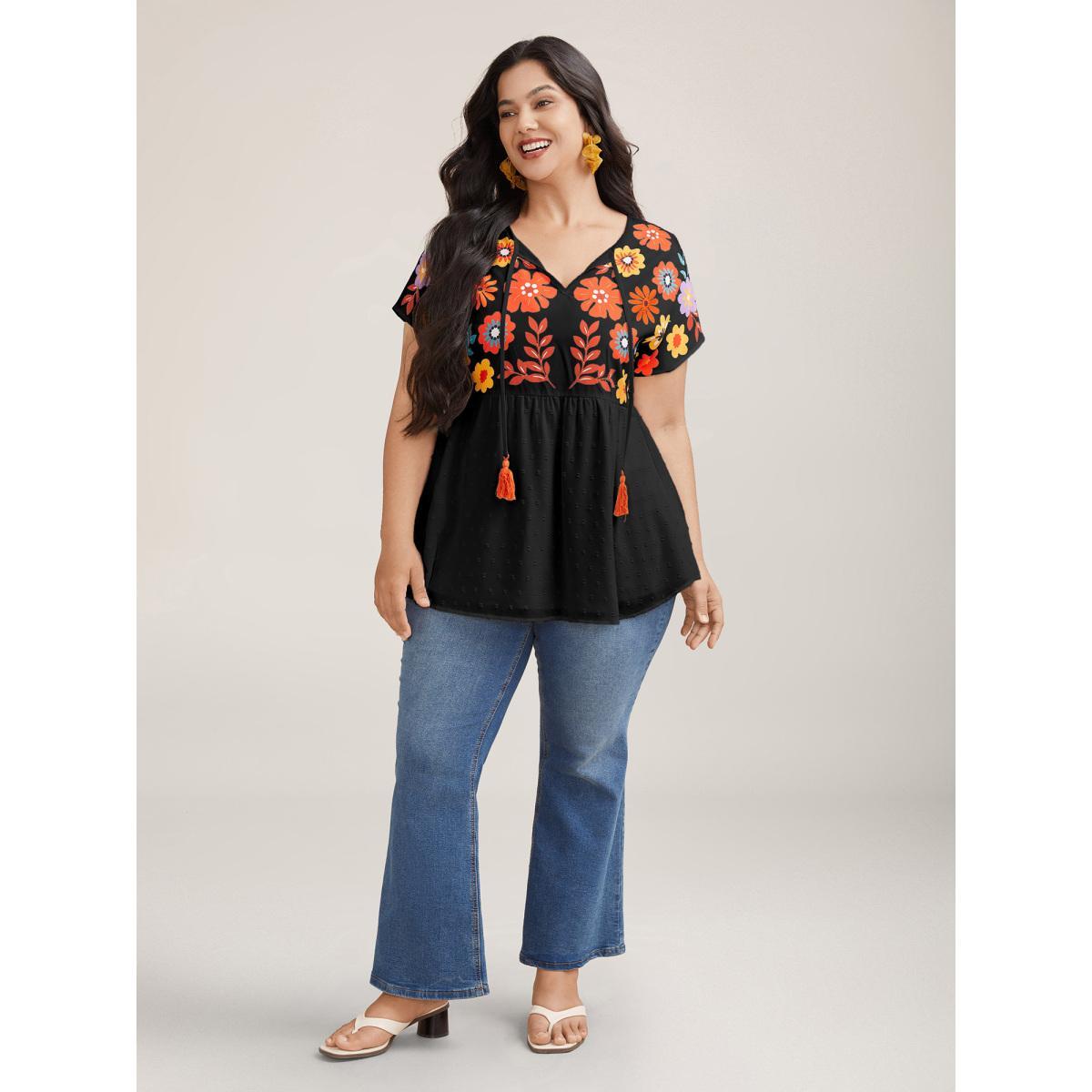 Plus Size Black Floral Print Neck-Tie Babydoll Top Women Resort Short sleeve Non Vacation Blouses BloomChic 12/L Product Image