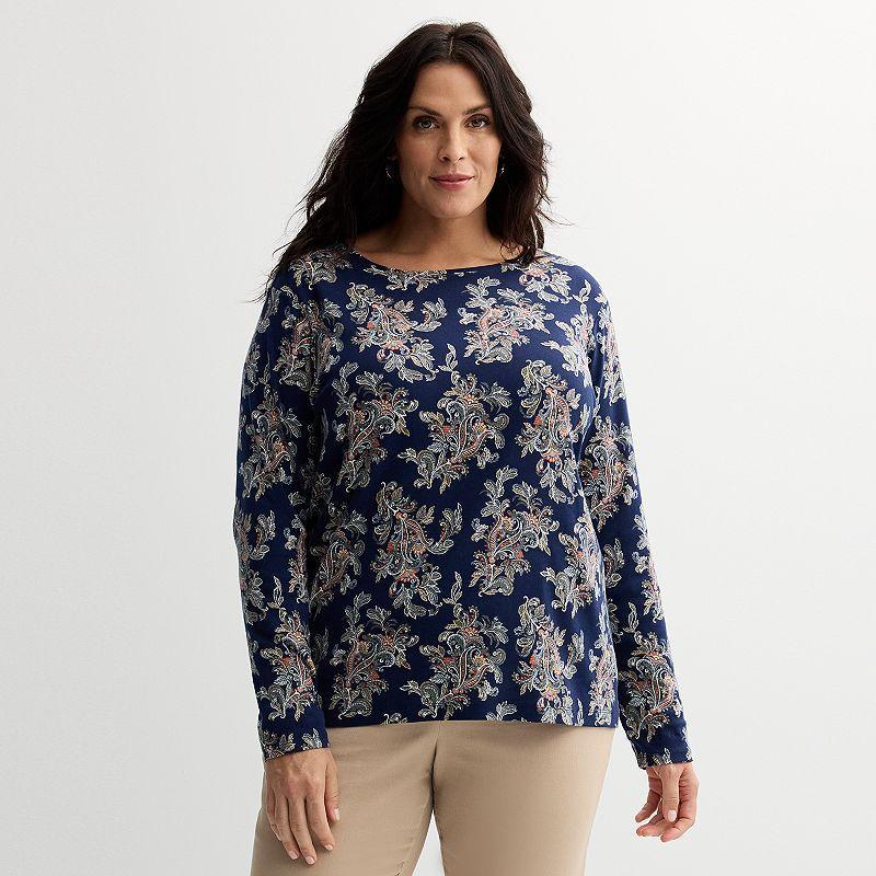 Plus Size Croft & Barrow® Essential Crewneck Long Sleeve Tee, Women's, Size: 1XL, Navy Night Red Product Image