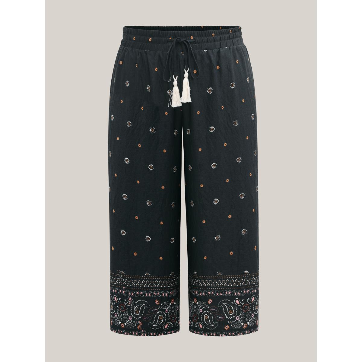 Plus Size Paisley Print Wide-Leg Airy Pants Women BlackFlower Resort Wide Leg Mid Rise Vacation Pants BloomChic 22-24/3X Product Image