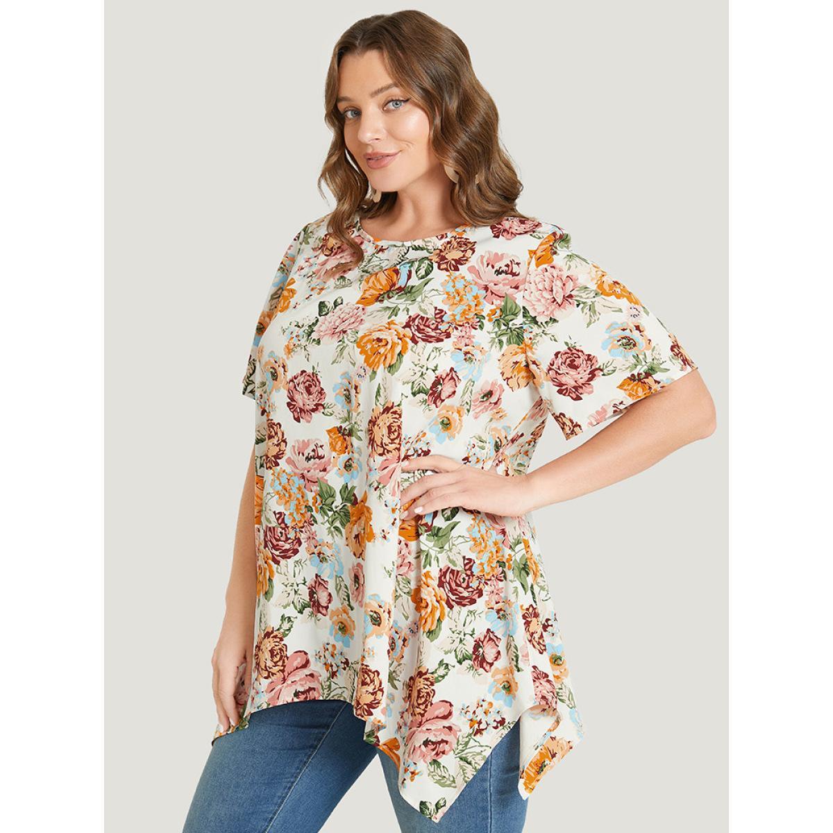 Plus Size Multicolor Floral Print Hanky Hem Blouse Women Elegant Short sleeve Round Neck Dailywear Blouses BloomChic 18-20/2X Product Image