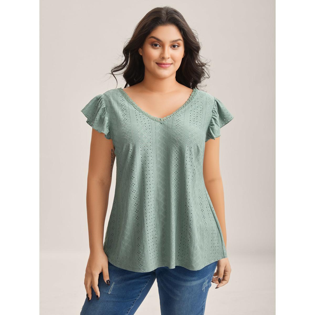 Plus Size Eyelet Trim Flutter Sleeve Backless T-Shirt Greenbean Women Woven ribbon&lace trim V-neck Everyday-Casual T-shirts BloomChic 12/L Product Image