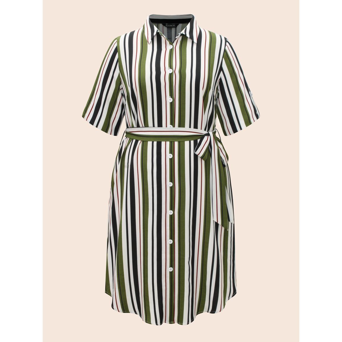 Plus Size Striped Tab Sleeve Arc Hem Dress Multicolor Women Workwear Essentials Belted Shirt collar Elbow-length sleeve Curvy BloomChic 30/6X Product Image