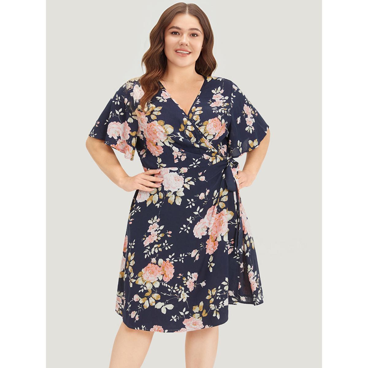 Plus Size Floral Print Pocket Knot Ruffle Sleeve Wrap Dress DarkBlue Women Elegant Wrap V-neck Half Sleeve Curvy Knee Dress BloomChic 14-16/1X Product Image