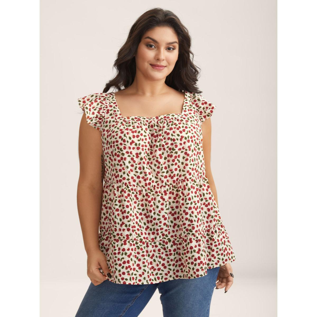 Plus Size Cherry Print Flutter Sleeve Tank Top Women Multicolor Gathered Square Neck Everyday-Casual Tank Tops Camis BloomChic 18-20/2X Product Image